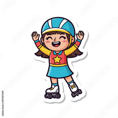 Cartoon illustration of a cheerful young girl wearing roller skates and a helmet with her arms raised in excitement against a clean white background.
