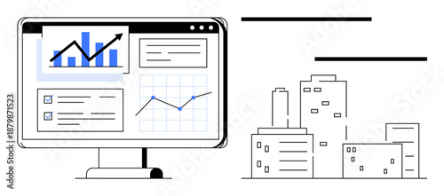 Computer monitor displaying analytics dashboard with growth graphs, checklists, and data next to a minimalist cityscape. Ideal for business, statistics, strategy, urban development, finance, tech