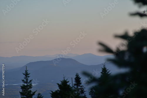 Eastern township area mountains viewed from Orford Mount on a hot summer day at dusk.
