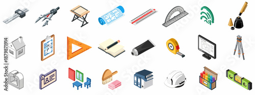 Architectural Design and Engineering Equipment Isometric Icons Set including Drafting Tools, Plans, and Construction Gear.