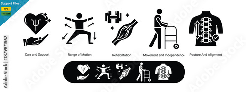 Physical therapy and rehabilitation exercises glyph icons collection set. Labeled elements with range of motion, independence care with correct posture and alignment support vector illustration.