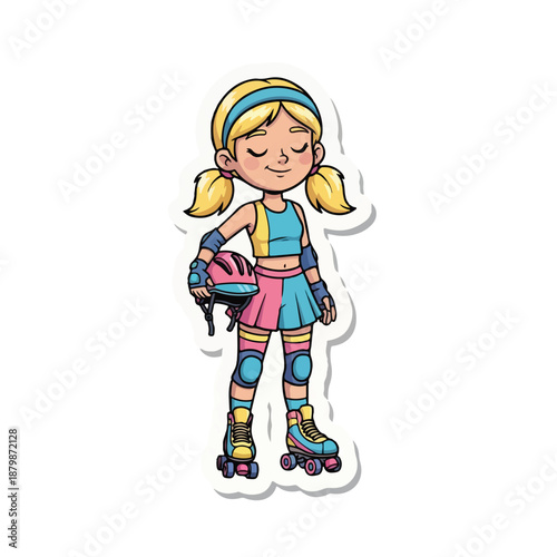 A cartoon illustration of a smiling young girl wearing roller skates and protective gear, with blonde pigtails and a colorful outfit, on a white background.