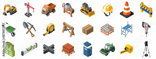 Isometric construction icons set featuring heavy machinery, building materials, safety tools, and essential equipment for industrial and architectural projects.