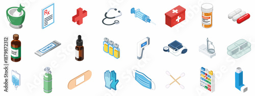 Isometric Medical and Healthcare Icons Set: Essential Pharmacy Supplies, Instruments, and First Aid Items on White Background.