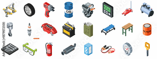 Isometric Icon Set of Automotive Tools, Spare Parts, and Equipment for Car Service, Garage Repair, and Vehicle Maintenance Industry.