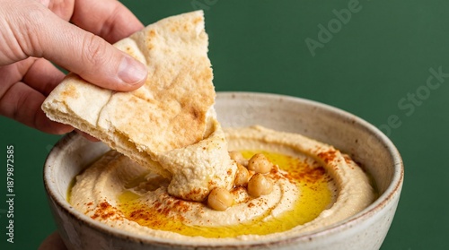 Wallpaper Mural Hand dipping pita bread in hummus appetizer Torontodigital.ca