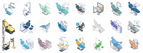 Isometric Dental Chair Units and Dentist Equipment Icon Set: A diverse collection of modern dentistry furniture and instruments for professional healthcare design.