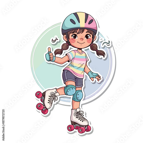 Cartoon illustration of a cheerful young girl rollerblading with a thumbs-up gesture wearing protective gear on a pastel background.