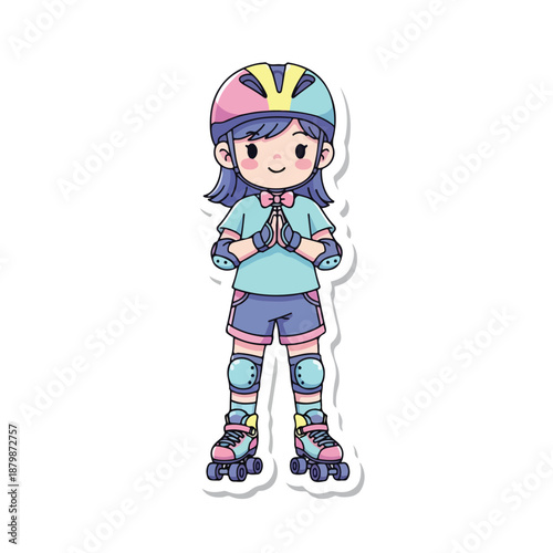 Full-body illustration of a smiling young girl wearing roller skates, protective gear, and a colorful helmet on a plain white background.