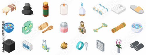 Isometric Spa and Wellness Icon Collection: Relaxation Essentials, Aromatherapy, Massage Tools, and Beauty Products for Health and Luxury.