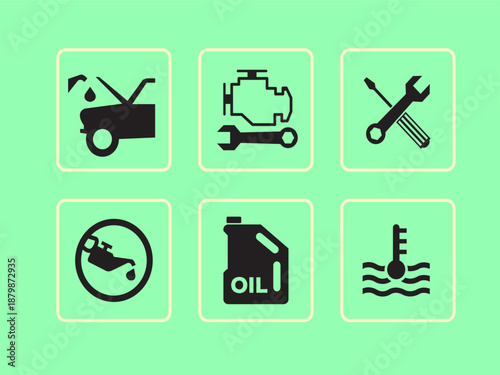 Collection of 6 auto mechanic symbols including engine repair, oil change, tools, and coolant check for workshop design.