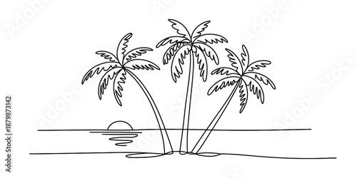 One continuous line drawing of three palm trees on a tropical beach at sunset Vector, illustration