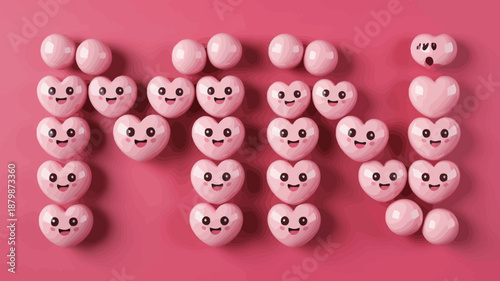 Cute pink heart characters with smiling faces on a bright pink background