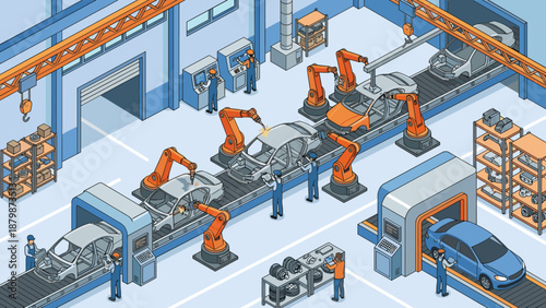 Isometric automotive factory car assembly line with robots and workers. Smart industry manufacturing concept. Automation technology. Engineering production process. Auto workshop interior
