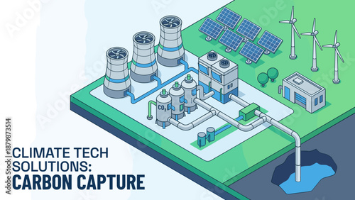 Isometric carbon capture plant. Industrial CO2 sequestration technology. Climate change solution. Green energy infrastructure. Environmental sustainability. CCS underground storage.