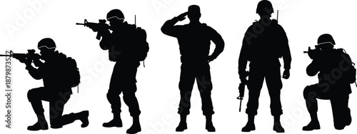 Military soldiers silhouettes set showing armed troops in combat and patrol poses defense security army teamwork tactical mission concept illustration