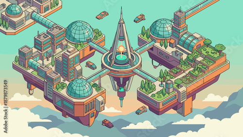 Isometric floating city platform. Futuristic sci-fi architecture. Future technology urban design. Flying buildings. Space station. Utopia. Modern town. Aerial. Science fiction. 3d