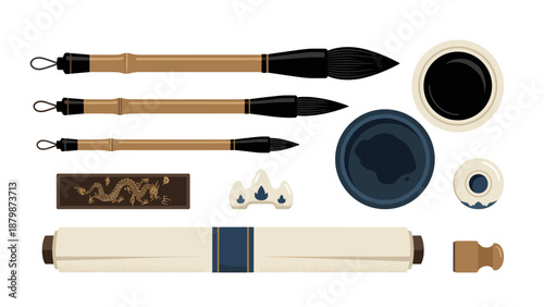 Traditional Chinese calligraphy set vector. Writing brushes ink stone stick paper scroll seal. Asian art supplies knolling layout. Japanese culture stationery tools isolated white.