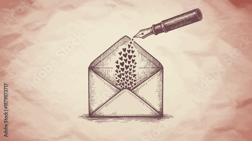 Open envelope with heart pattern and fountain pen more hearts