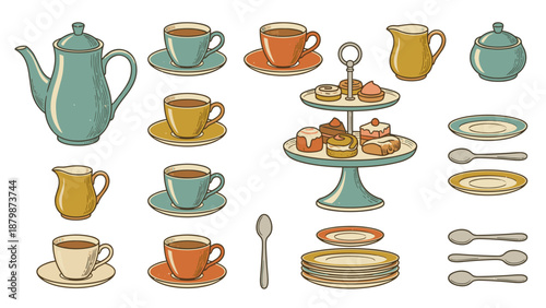 Vintage tea set vector collection. Retro coffee party knolling. Teapot cups cake stand. Hand drawn kitchenware. Breakfast pastry engraving. Antique ceramic service. Afternoon tea.
