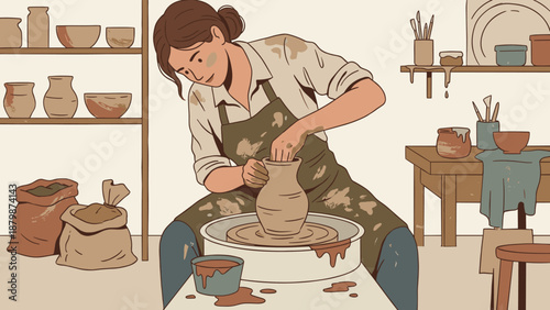 Woman potter making ceramic vase on wheel. Messy studio workshop. Female artist shaping clay. Handcraft hobby. Creative artisan working. Sculpting process. Handmade craft concept.