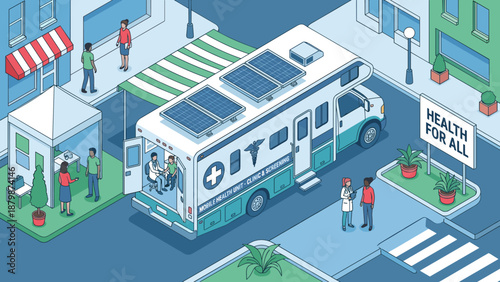 Isometric mobile health unit truck. Medical clinic screening service. Doctor patient consultation. City street. Solar energy vehicle. Healthcare concept. Ambulance car. Community assistance.