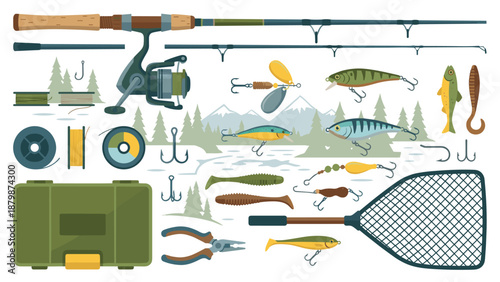 Fishing tackle set flat lay. Rod reel bait lures hooks net box. Outdoor leisure equipment. Knolling camping gear. Summer sport hobby tools. Vector illustration. Fisherman essentials.