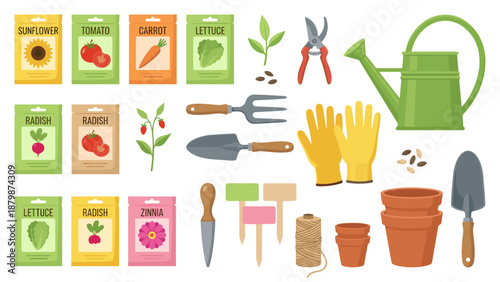 Gardening tools and seed packets set. Spring planting equipment collection flat lay. Agriculture elements. Trowel, gloves, watering can. Vector illustration isolated. Knolling layout.