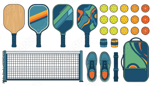 Pickleball equipment set vector. Knolling flat lay paddles balls net shoes bag. Isolated sport gear. Recreation game kit. Athletic tools. Tournament accessories. Competition play.
