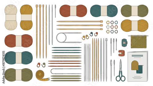 Knitting supplies set flat lay vector. Wool yarn skeins, wooden needles, scissors. Handmade craft hobby tools kit. DIY needlework equipment top view. Knolling layout. Creative textile.