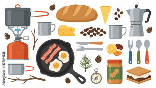 Camping adventure food and gear knolling set. Outdoor cooking equipment. Portable gas stove, breakfast skillet, coffee pot. Hiking picnic vector illustration isolated on white.