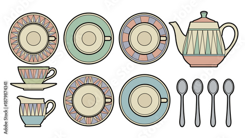 Vintage tea set vector illustration. Retro kitchenware flat lay. Knolling layout of porcelain cups, teapot, spoons and saucers. Antique tableware elements. Ceramic tea party objects.