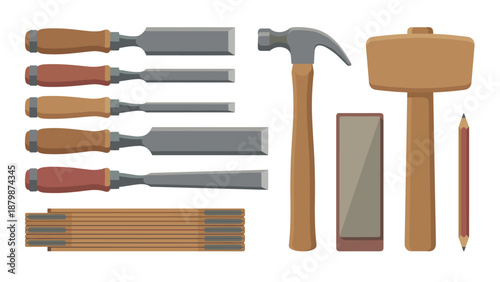 Woodworking tools set isolated on white. Carpenter equipment kit for joinery. Hammer chisels mallet and ruler flat lay. Construction renovation workshop instrument vector concept.