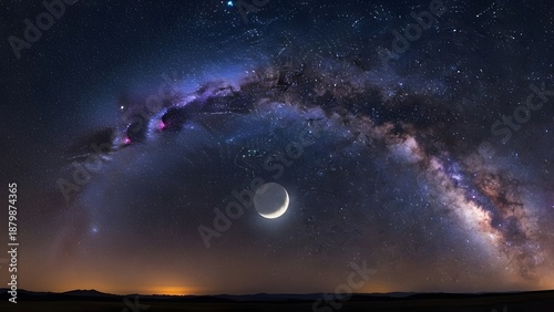 Night sky with crescent moon and milky way