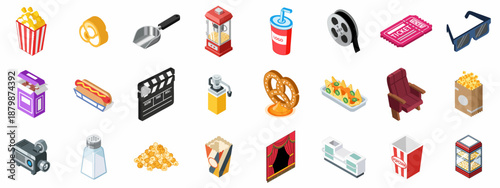 Isometric icons of movie theater snacks, equipment, and accessories like popcorn, tickets, and film reels, isolated on white.