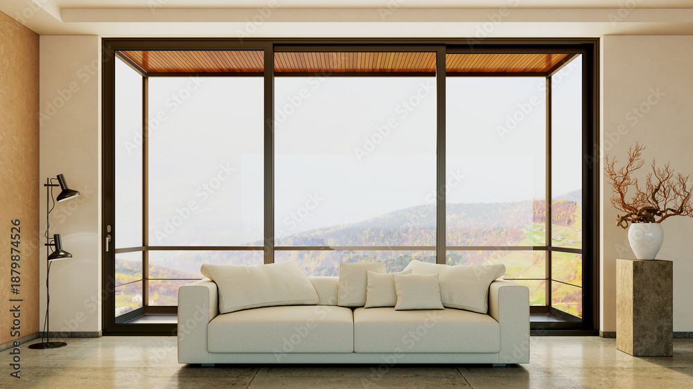 Fototapeta premium Large luxury modern bright interiors Living room mockup illustration 3D rendering image