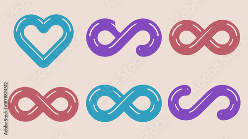 Six glossy 3d symbols with smooth rounded edges in blue purple and red colors