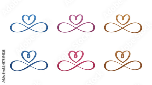 Six infinity symbols with hearts in blue, purple, brown, and red colors