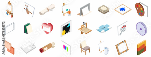 A comprehensive isometric icon set featuring essential art supplies, painting equipment, and drawing tools, perfect for creative design projects and graphic representations.