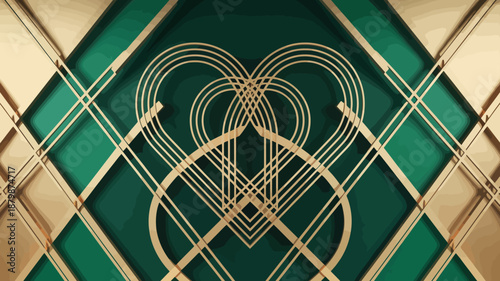 Symmetrical geometric heart pattern with green and beige tones on a grid background