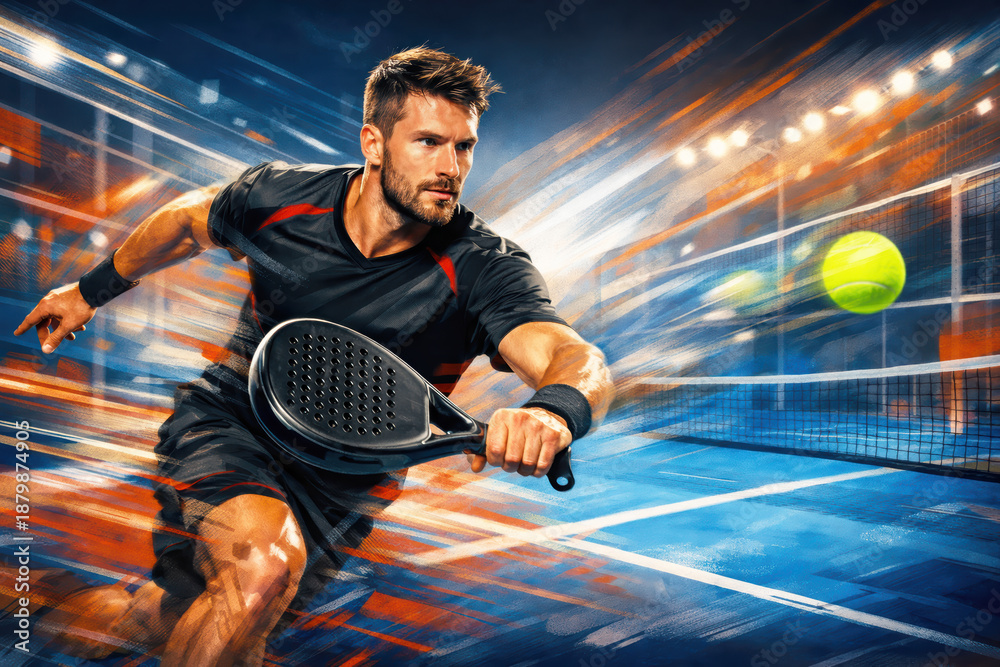 Naklejka premium Conceptual background of padel tennis sport with male athlete with motion blur effect