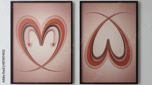 Two abstract red heart and teardrop shapes on a pink gradient background in black frames