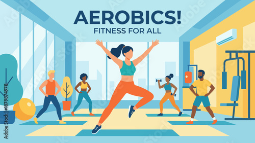 Group aerobics class workout in gym. Woman instructor jumping. Diverse people training. Flat vector illustration. Fitness concept. Healthy active lifestyle sport exercise cardio motion.