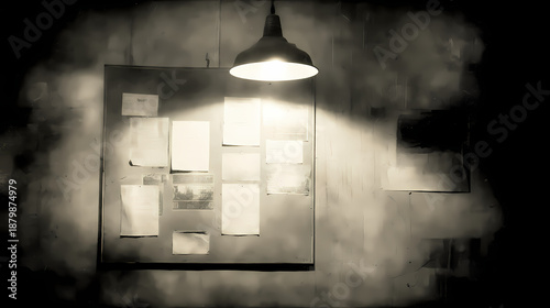 A single lantern casts a soft light in the darkness of an empty, old hotel corridor, illuminating the shadow-drenched floor and an open door within the quiet architecture