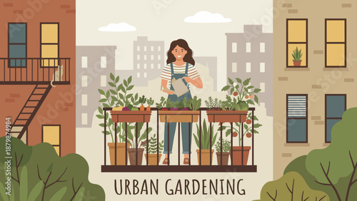 Urban gardening concept. Woman watering plants on balcony. City apartment lifestyle. Happy female character growing organic potted vegetables. Home garden hobby. Nature lover. Flat vector.