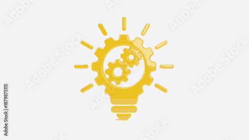 Modern 3D lightbulb gear icon. Innovation concept. Creative idea symbol. Glossy yellow lamp with cogs. Engineering solution. Business strategy. Tech inspiration. Smart electric power.