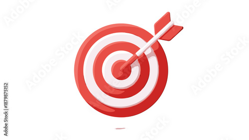 3D vector target icon with arrow hitting bullseye. Goal achievement concept. Red and white dartboard. Business success symbol. Marketing strategy aim. Precision focus. Accurate.