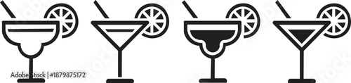 Vector Cocktail Glass Icons with Lemon Slice and Straw, Modern Drinkware Symbols for Bar, Cocktail Menu, Beverage Design, and Professional Food and Drink Illustrations