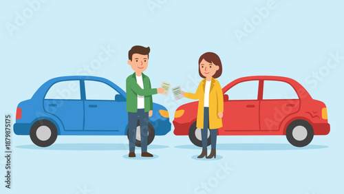 Drivers exchange insurance papers after minor car accident. Man and woman roadside collision. Fender bender crash. Auto insurance claim concept. Vehicle damage. Flat vector design.