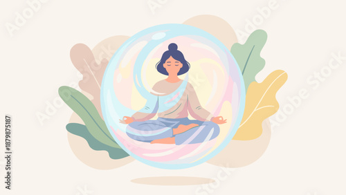 Woman in lotus pose inside protective bubble. Mindfulness personal space concept. Mental health protection. Introvert comfort zone. Meditating yoga relaxation. Calm safety shield.
